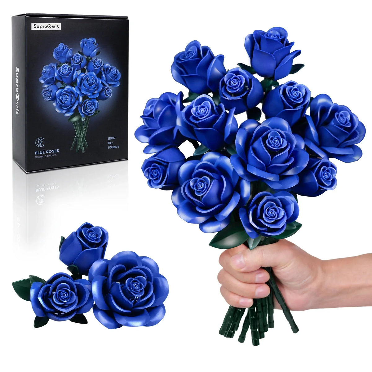A hand holds a bouquet of realistic blue roses, which are packaged in a box labeled SupreOvis.