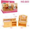 A wooden kitchen set dollhouse furniture display with accessories and a rabbit figure.
