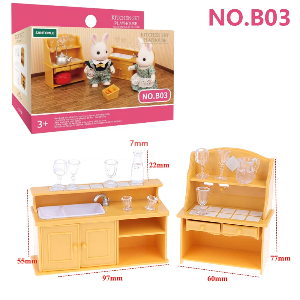 A wooden kitchen set dollhouse furniture display with accessories and a rabbit figure.