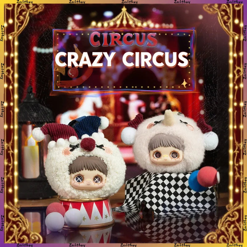 A plush blind box featuring a cute white animal character with large eyes and pink accents, displayed in a circus theme.