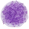 A pile of 20 clear purple acrylic bow beads for jewelry making displayed on a white dish.
