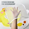 A clear mesh bag with a hand visible, used for storing items.