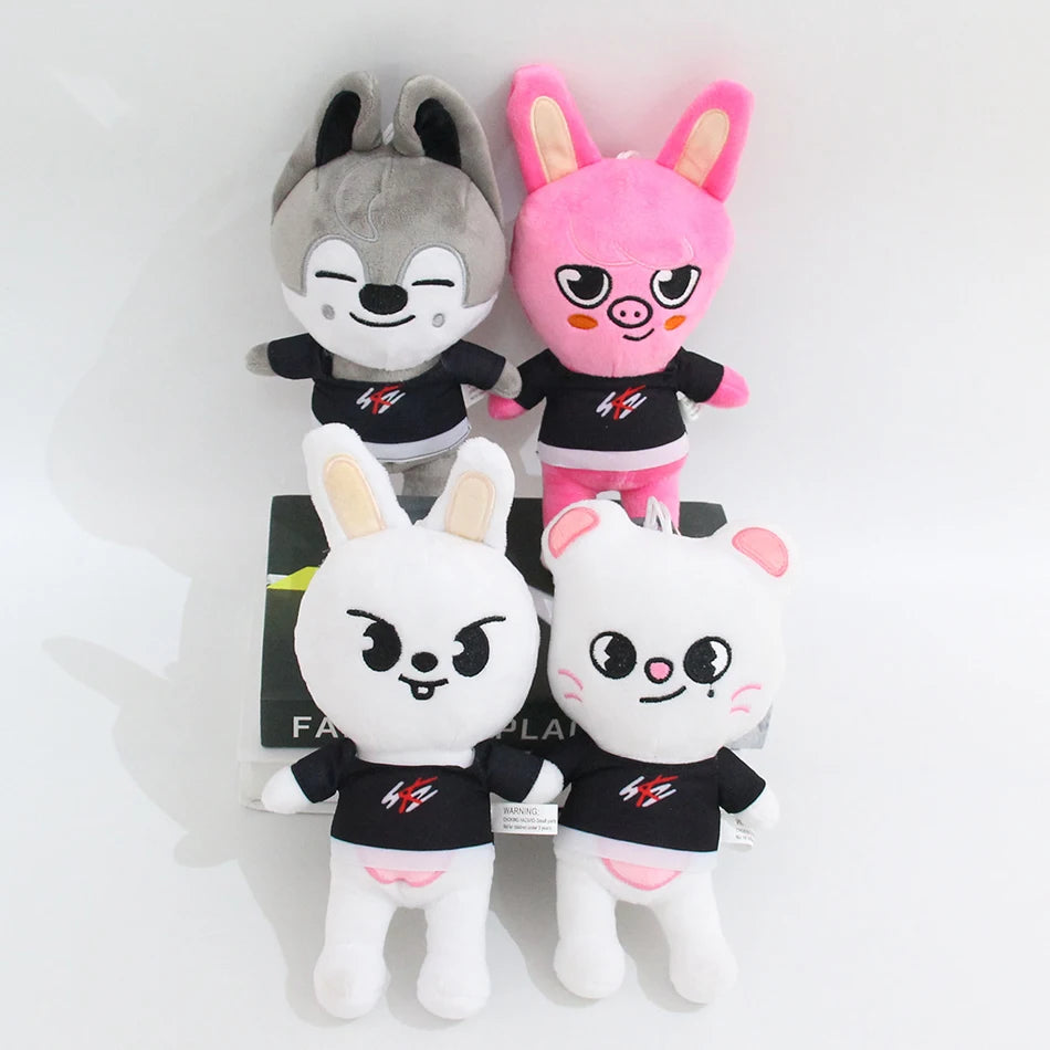 A set of eight cute cartoon animal plush toys featuring a gray fox, pink rabbit, and two white animals.