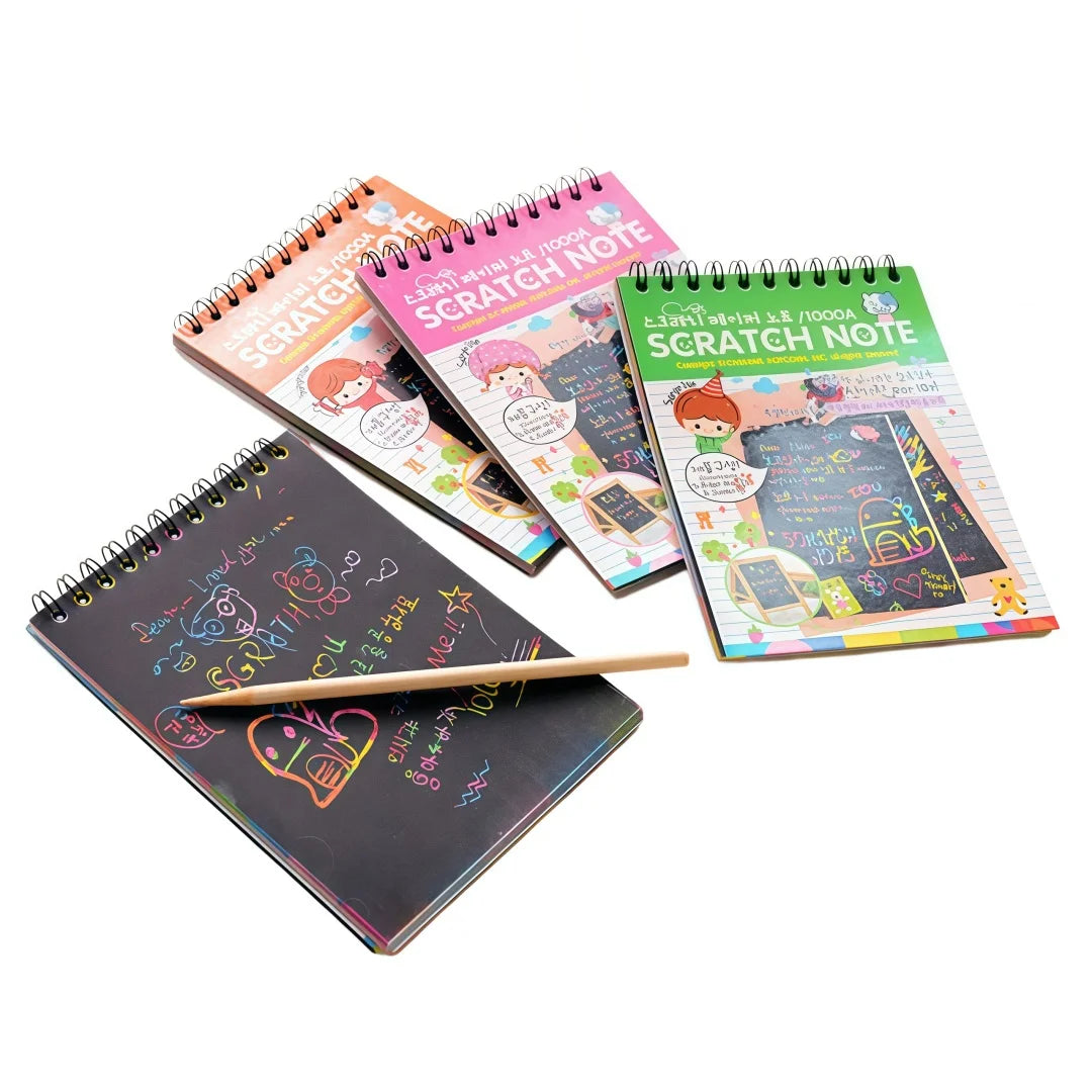 A set of three colorful spiral notebooks featuring scratch art designs for kids and adults