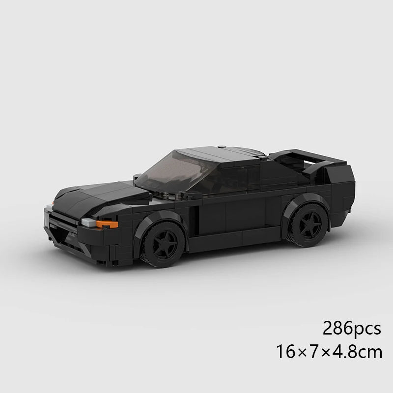 A black classic rally car building block set with a transparent roof and wheels.