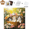 A wooden jigsaw puzzle featuring three adorable kitten figures nestled in a woven basket surrounded by flowers.