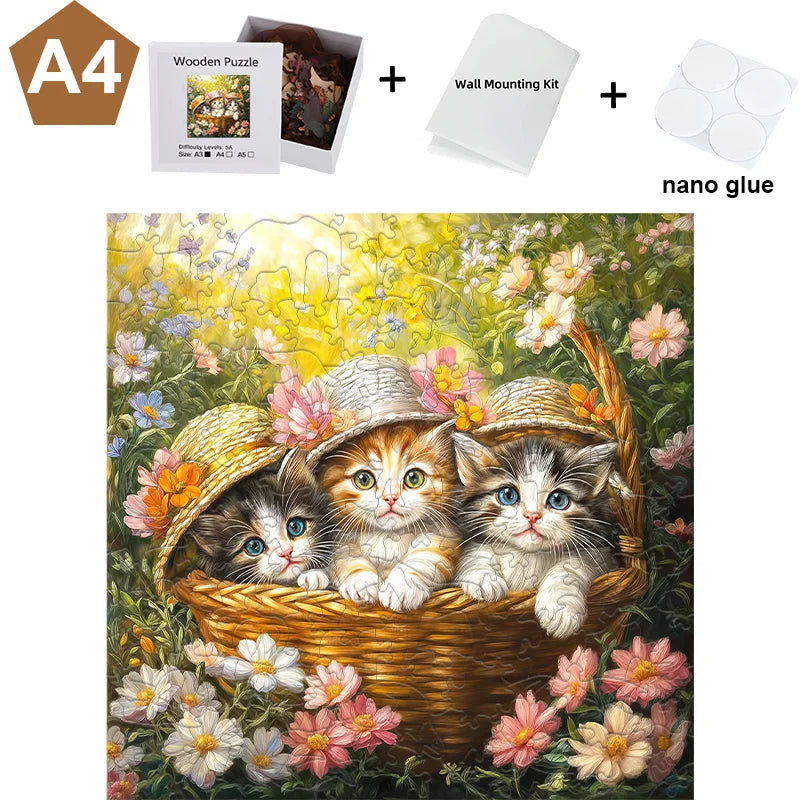 A wooden jigsaw puzzle featuring three adorable kitten figures nestled in a woven basket surrounded by flowers.