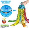 A hand holds a colorful magnetic block structure demonstrating double reinforcement on all sides.
