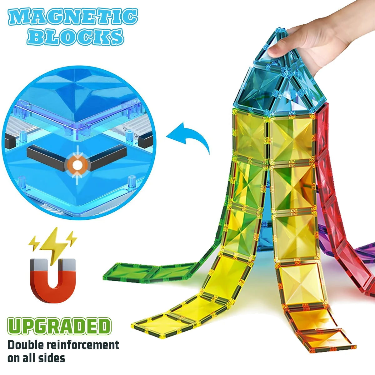 A hand holds a colorful magnetic block structure demonstrating double reinforcement on all sides.