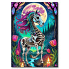 A detailed illustration of a horse skull and skeleton in a vibrant, fantastical forest setting with glowing elements.
