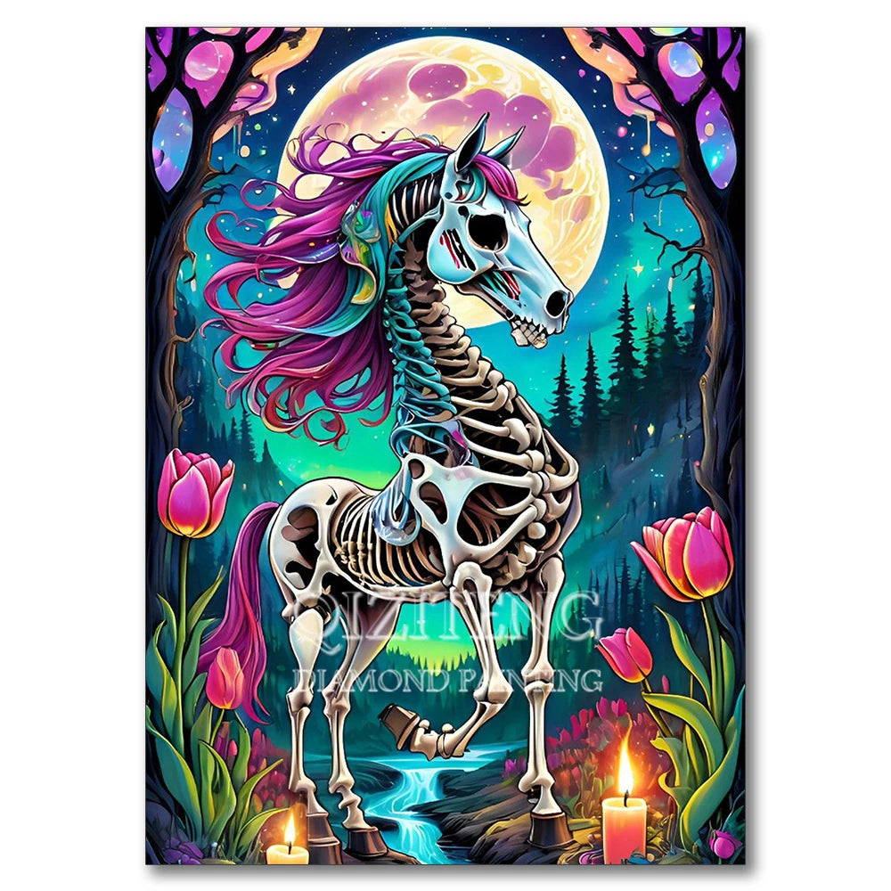 A detailed illustration of a horse skull and skeleton in a vibrant, fantastical forest setting with glowing elements.