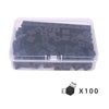 A clear plastic container filled with 100 black linking cubes for early math learning.