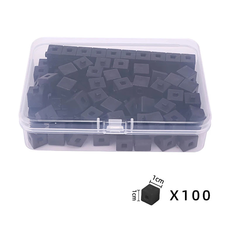A clear plastic container filled with 100 black linking cubes for early math learning.