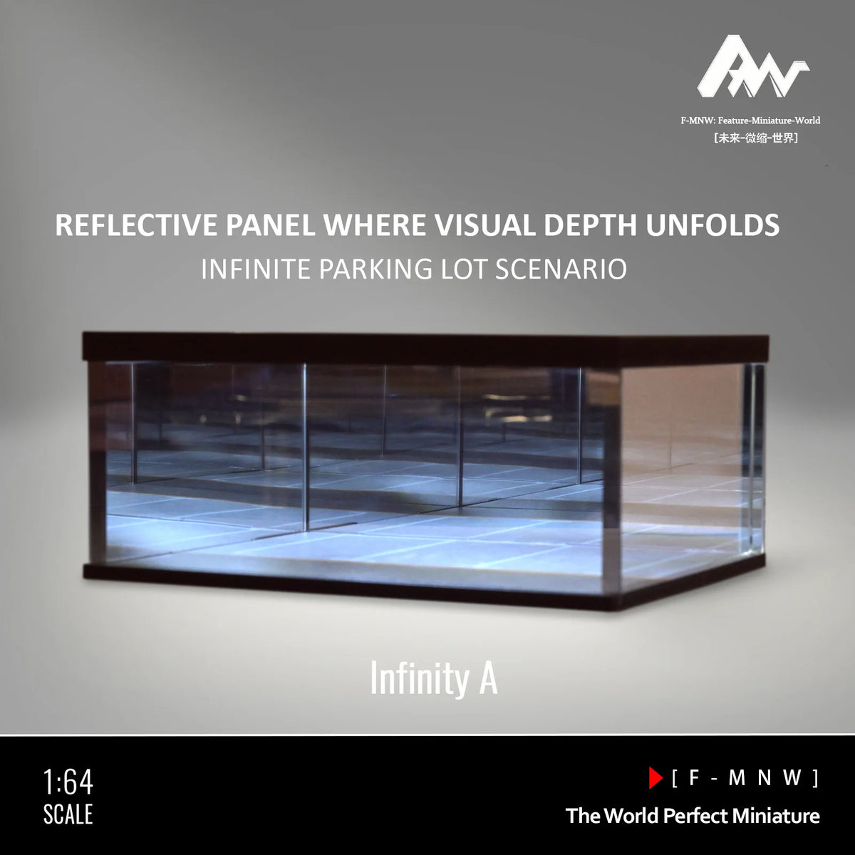 A 1:64 scale reflective panel display showing an infinite parking lot scenario for miniature model cars.