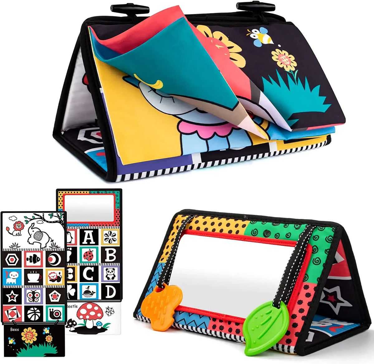 High-Contrast Tummy Time Baby Mirror with Crinkle Cloth Book and Teether