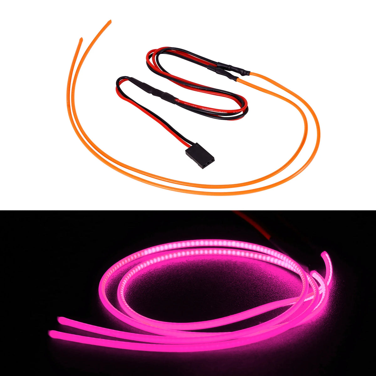 Flexible red and orange LED strip lights coiled on a black background.