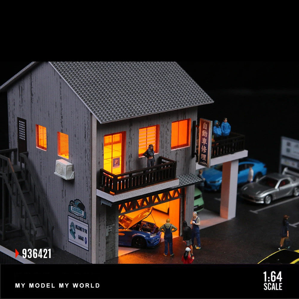 Japanese Style Auto Repair Shop Diorama with LED Lighting