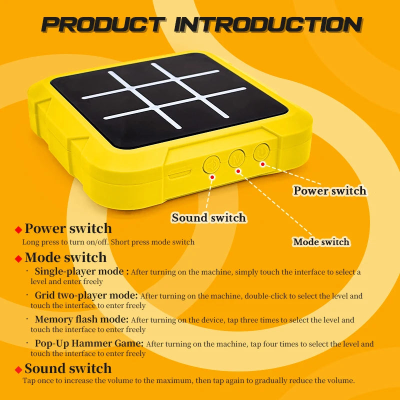 Yellow handheld electronic tic tac toe game with a black display and various switches for mode selection