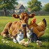 A brown cow stands next to a yellow hen and several small chicks in a grassy field.