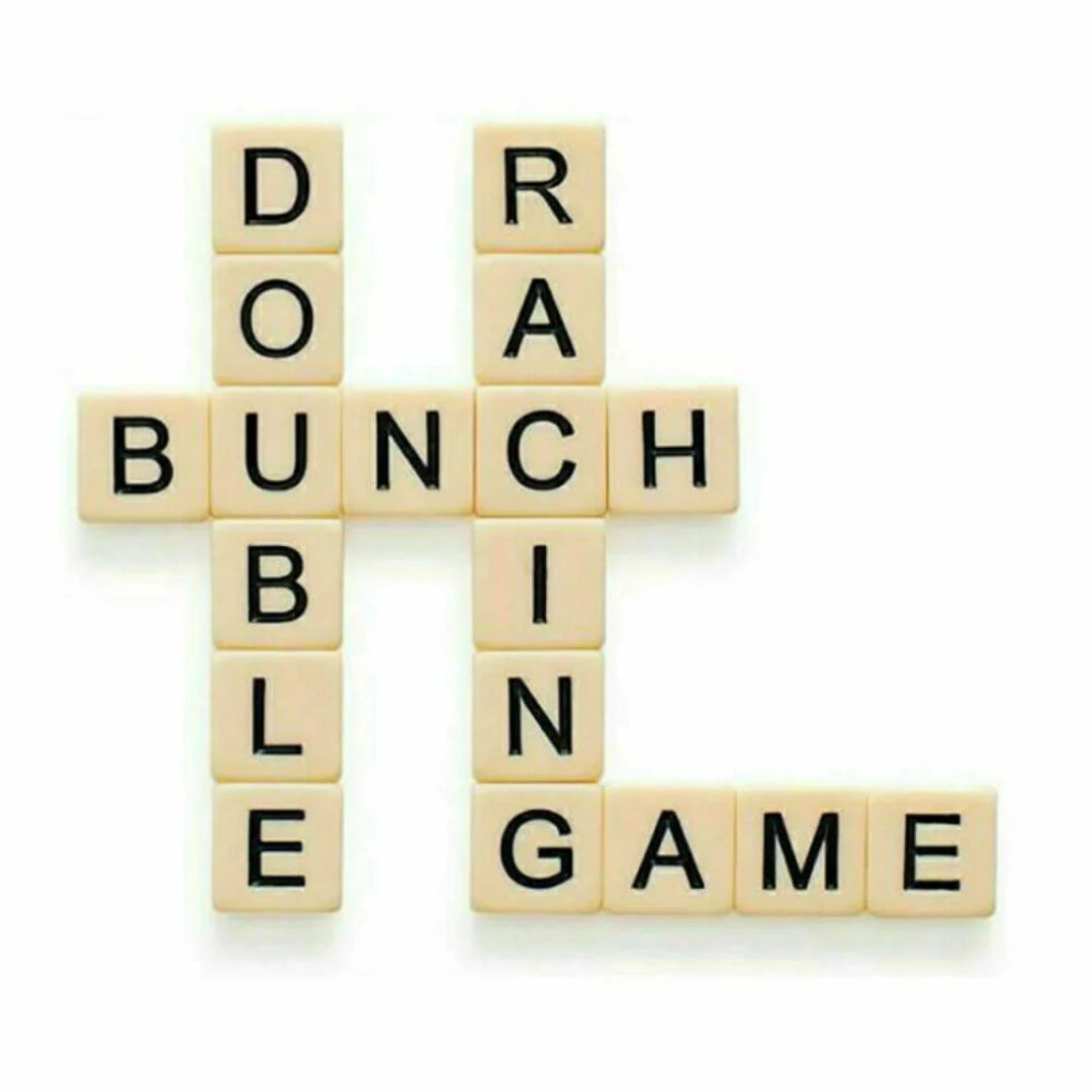 A wooden alphabet spelling game set with letters arranged to spell DRBUNCHLENGAME