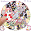 A circular arrangement of 50 cute cartoon cat stickers featuring various expressions and styles.