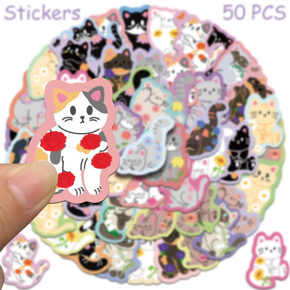 A circular arrangement of 50 cute cartoon cat stickers featuring various expressions and styles.