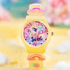 A yellow blind box watch featuring a pink and purple design with a pony face on the dial.