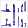 A purple 8-hole soprano recorder with a cleaning rod shown in various components and assembled form.