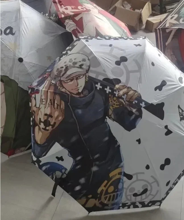 A white umbrella featuring a Demon Slayer character design on the fabric.