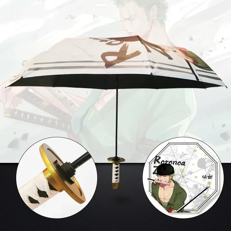 Demon Slayer katana 3-fold umbrella with a dark canopy and decorative elements.