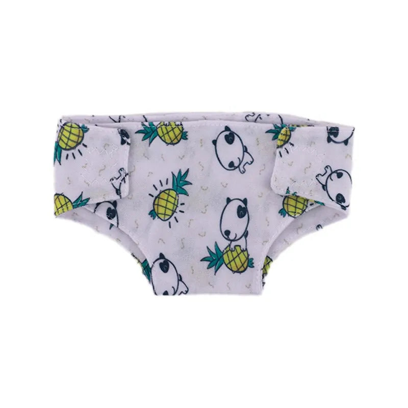 White soft doll underwear featuring a pattern of yellow pineapples and cute panda faces