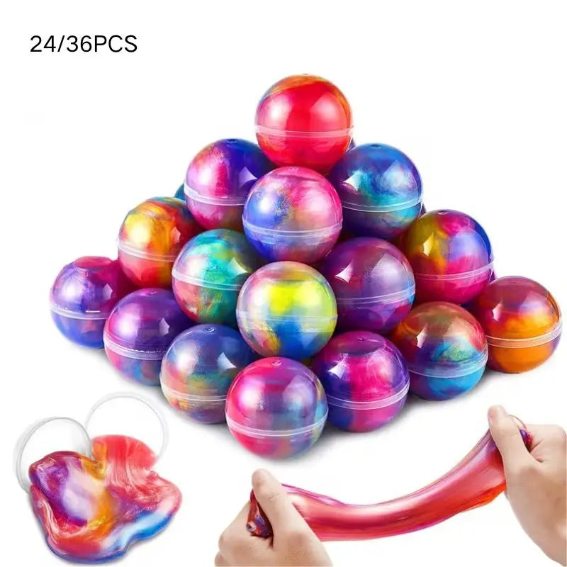 A pile of colorful, glossy slime balls in various shades of pink, purple, and blue, with one ball being stretched out.