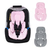 A plush double-sided stroller seat cushion in pink and gray colors shown with separate pieces.