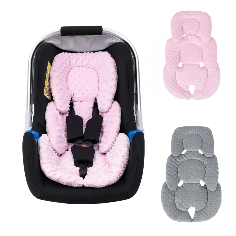 A plush double-sided stroller seat cushion in pink and gray colors shown with separate pieces.