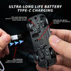 A hand holds a black RC car with a Type-C charging port, demonstrating ultra-long life battery Type-C charging features.