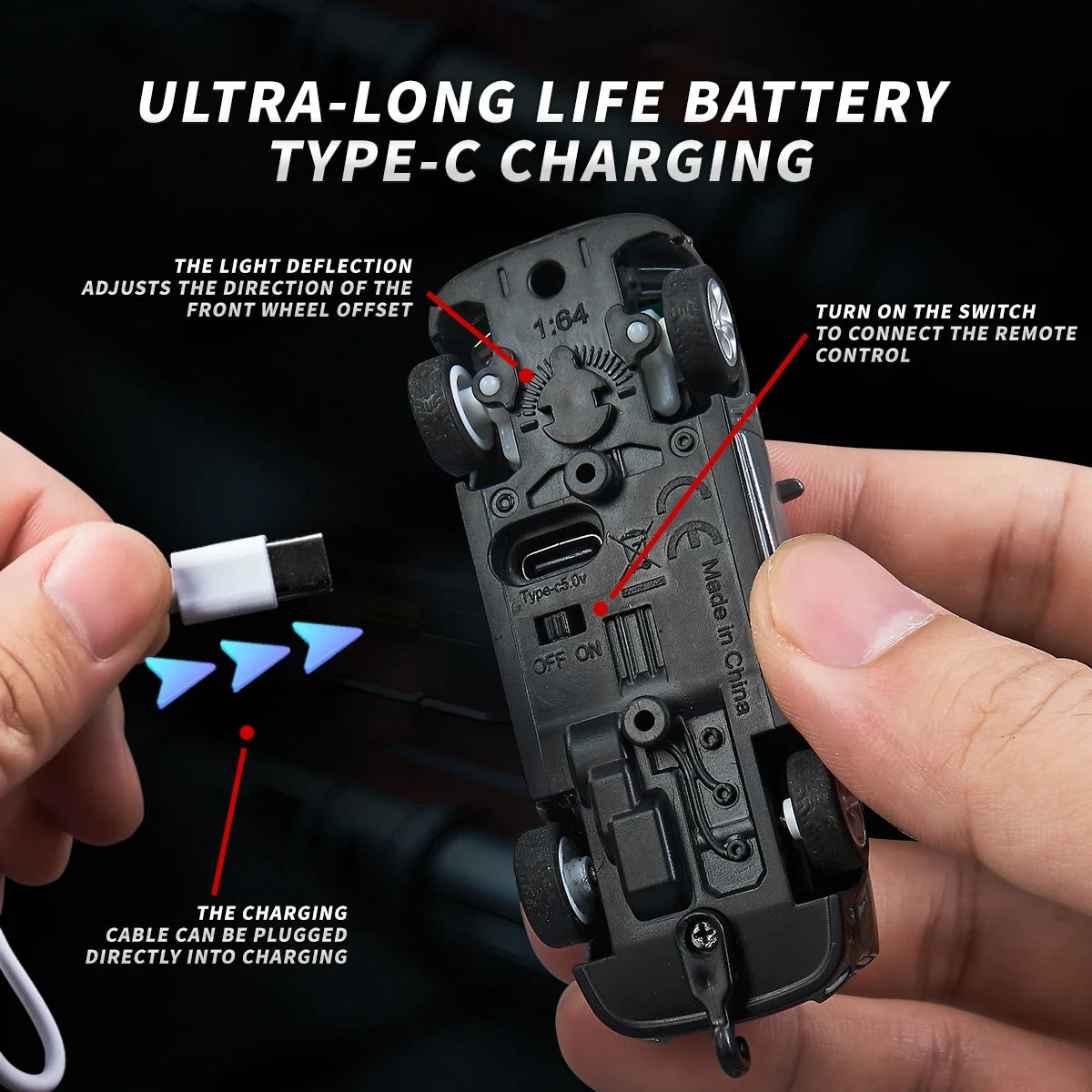 A hand holds a black RC car with a Type-C charging port, demonstrating ultra-long life battery Type-C charging features.