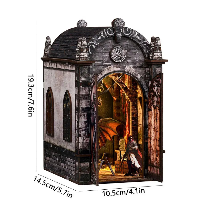 A decorative vintage music room book nook kit featuring a stone facade and an arched window with internal lighting.