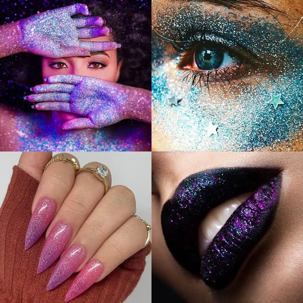 Close-up of hands and eyes featuring iridescent holographic glitter powder used for nail art and makeup