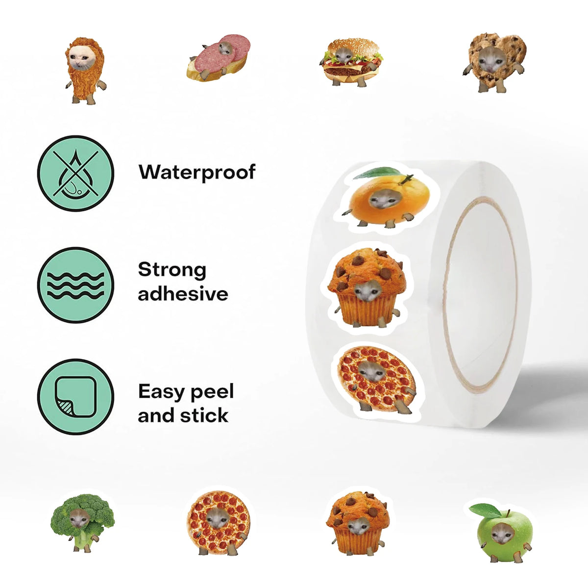 A roll of waterproof adhesive stickers featuring funny meme cats and various food fruits.