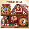 A collection of three wooden clock puzzles featuring a Roman numeral dial ring, a cuckoo clock with hourly chime, and a turna
