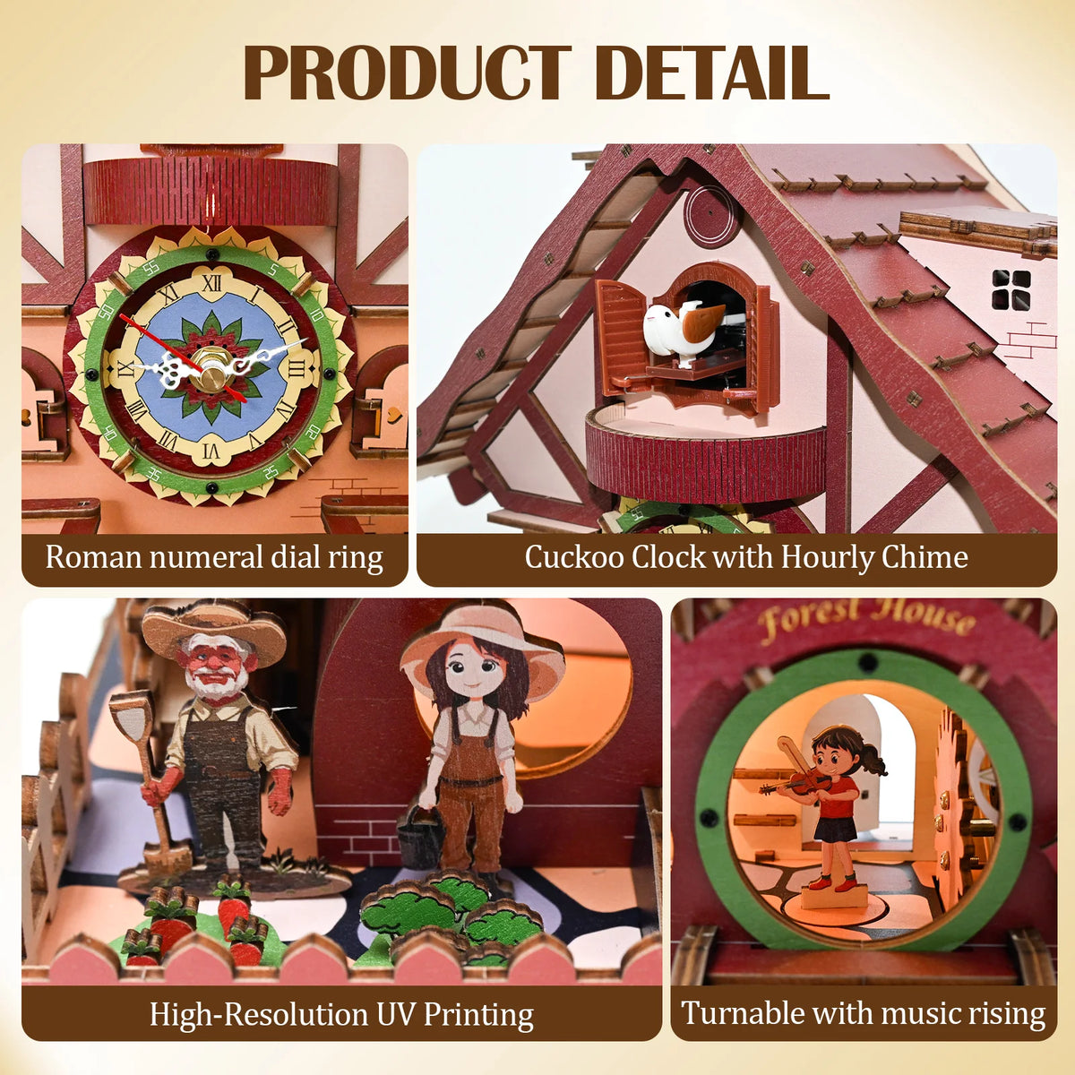 A collection of three wooden clock puzzles featuring a Roman numeral dial ring, a cuckoo clock with hourly chime, and a turna