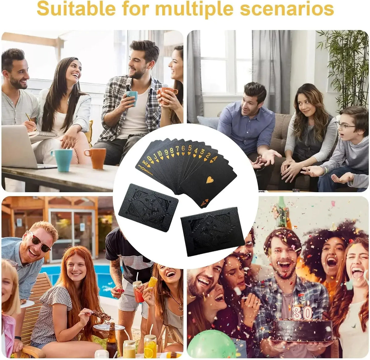 Elegant black and gold waterproof playing card deck shown in various scenarios with people