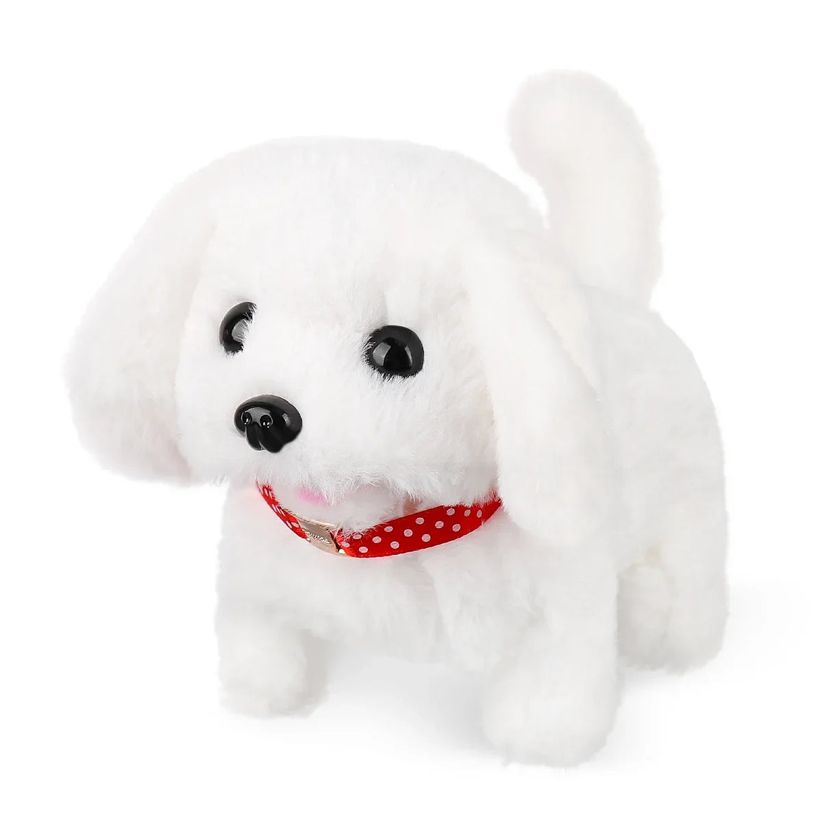 A white electric plush puppy toy with a fluffy body and black eyes.
