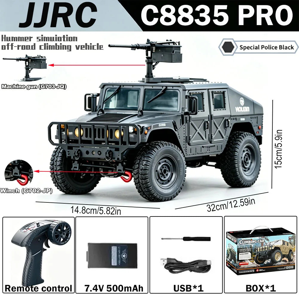 JJRC C8835 PRO off-road climbing vehicle with remote control and winch components
