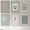 A collection of six framed canvas prints featuring soccer balls, a player silhouette, and the number 03 in muted green and gr