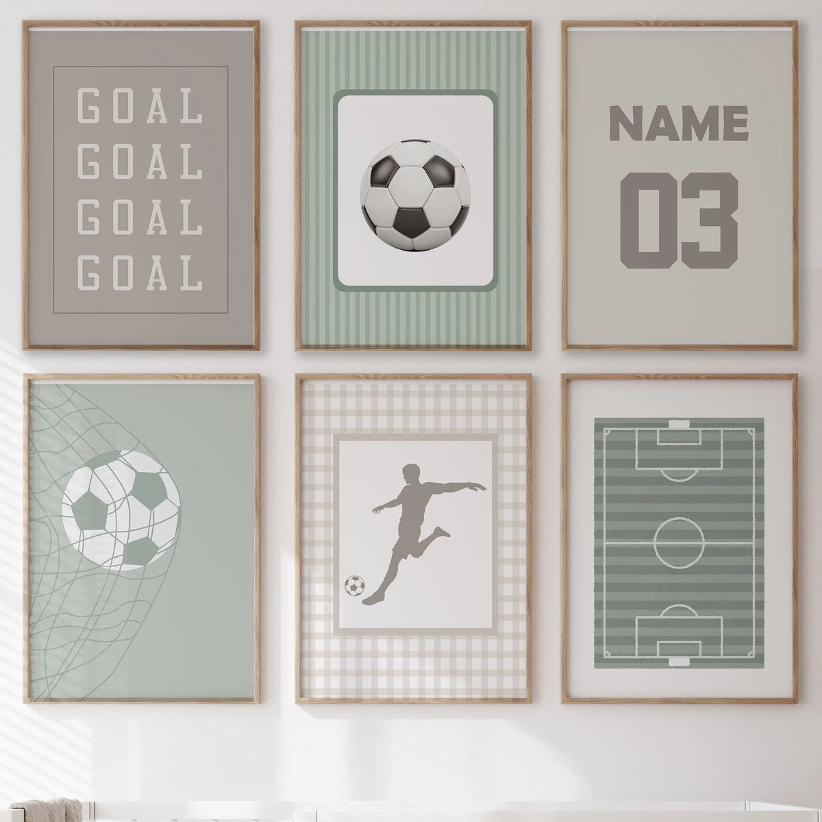 A collection of six framed canvas prints featuring soccer balls, a player silhouette, and the number 03 in muted green and gr