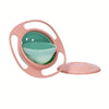A pink splash-proof gyro bowl with a lid and a matching pink plate.
