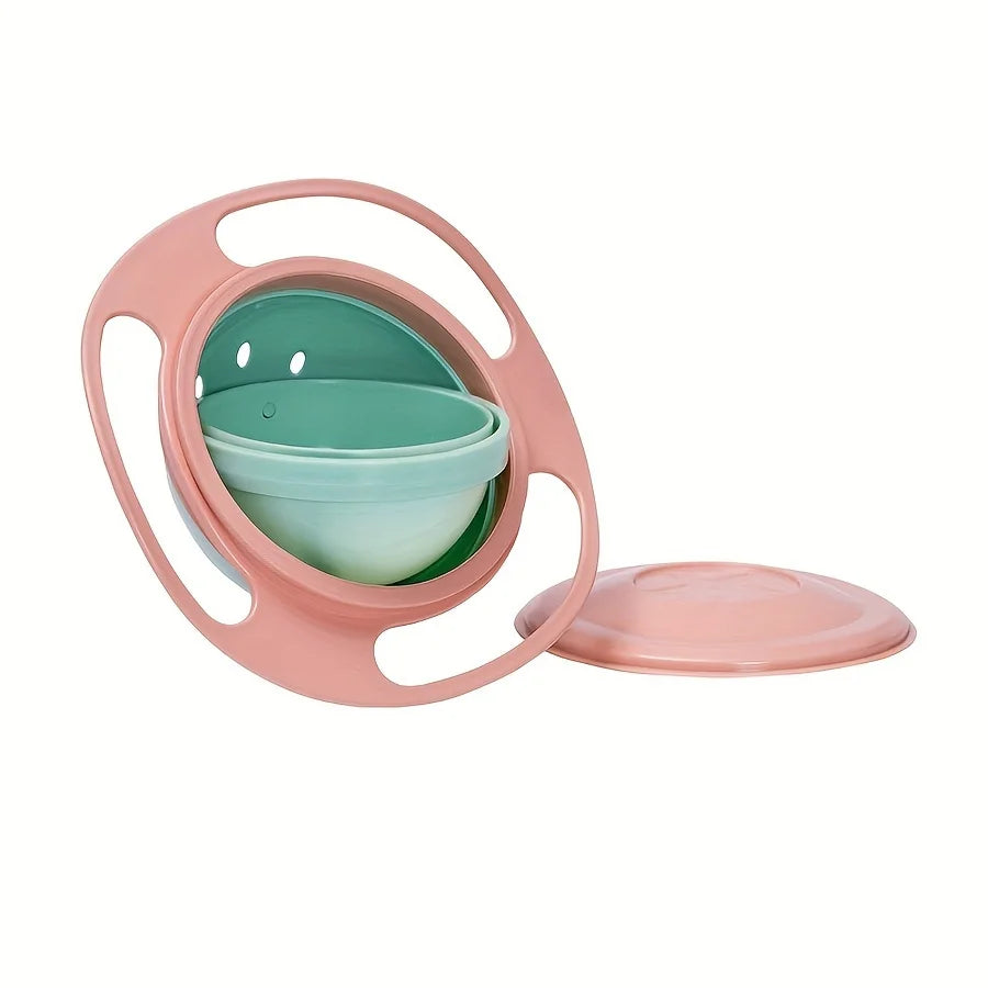A pink splash-proof gyro bowl with a lid and a matching pink plate.
