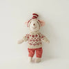 A handmade mouse plush doll with a red and white knitted outfit and a matching red checkered pants.