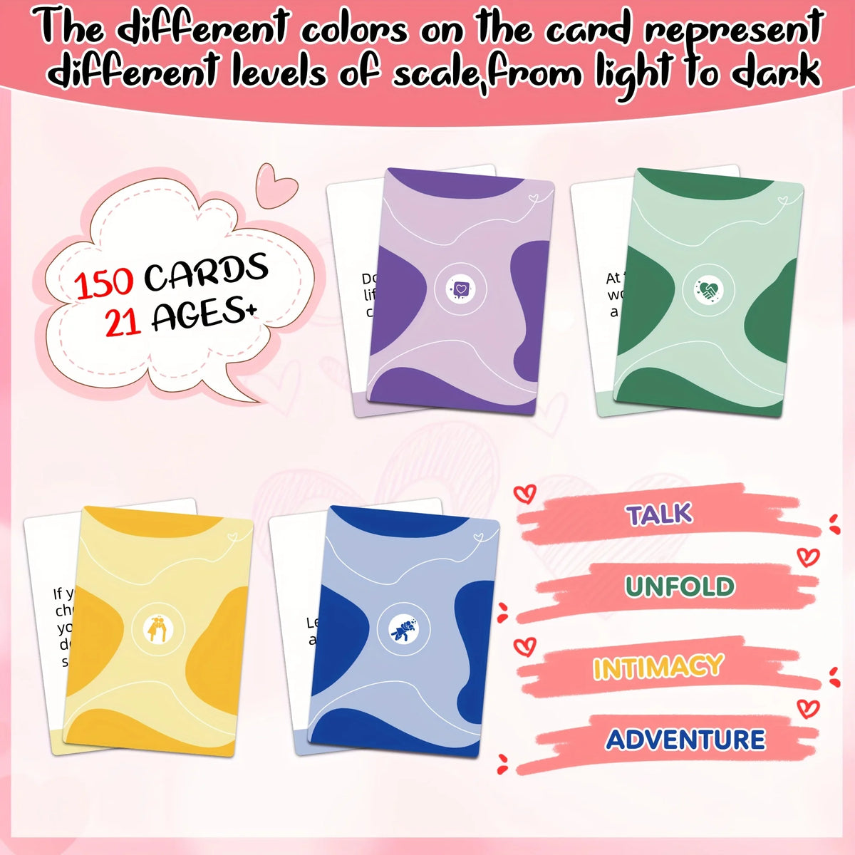 A set of colored cards representing different levels of scale from light to dark for a couples conversation game